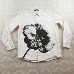 Zara Flower Printed Button Up Shirt Mens Small White Long Sleeve
